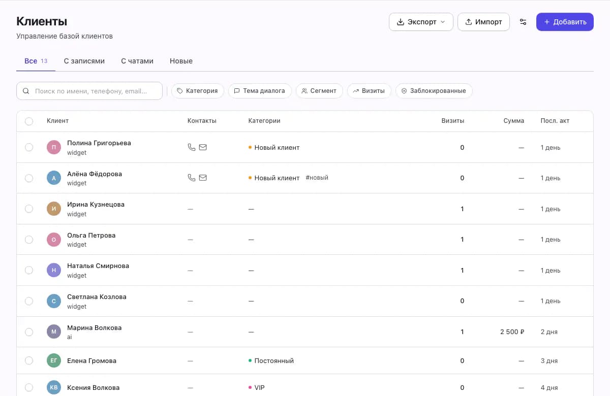 База клиентов NovaLead с сегментами и последними визитами